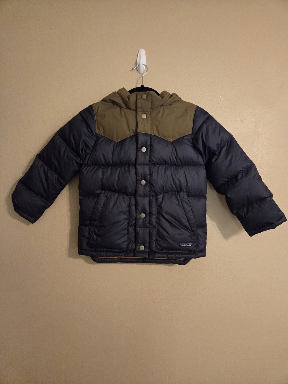 PATAGONIA Bivy Navy Blue Green Duck Down Snap Front Hooded Puffer Coat Boys 5-6